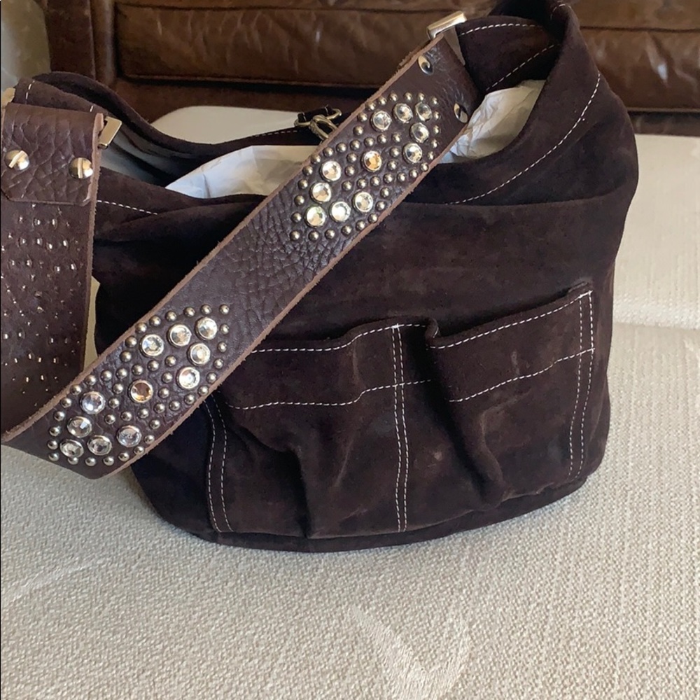 Tylie Malibu Brown Suede Shoulder Bag with Studded Strap